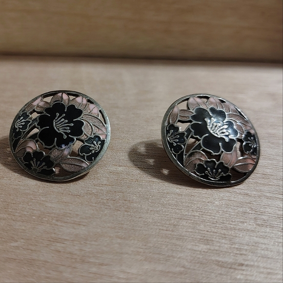 Vtg Cloissanne Pink & Black Earrings - Picture 3 of 6